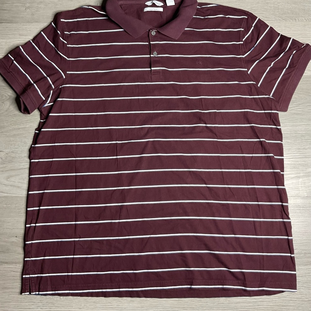 Calvin Klein Liquid Touch Men's Burgundy w/ White/Blue Stripes Polo Shirt Sz 2XL